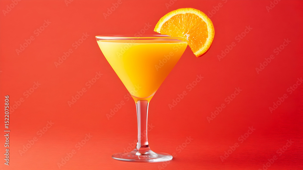 Orange Cocktail in Martini Glass on Red Background Orange Cocktail in Martini Glass on Red Background