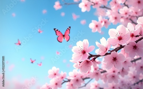 Branches blossoming cherry on background blue sky, fluttering butterflies in spring on nature outdoors. Pink sakura flowers, amazing colorful dreamy romantic artistic image spring nature, copy space.