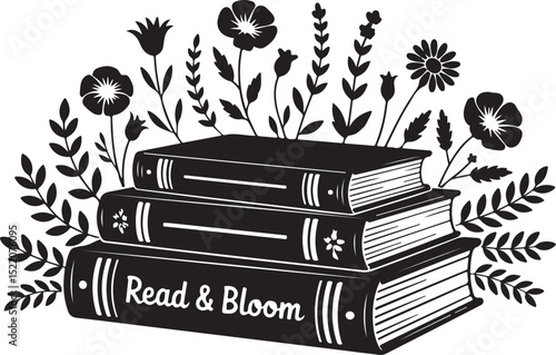 "Read & Bloom Book Stack Silhouette Vector – Black and White Illustration of Books with Wildflowers for Book Lover Art, Educational Decor, and Nature-Inspired Literary Designs"
