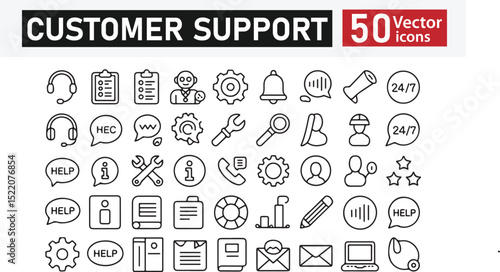 Set of 50 Black and White Line Icons for Customer Support, Help Desk, Technical Assistance, and Service Management – Vector Illustration
