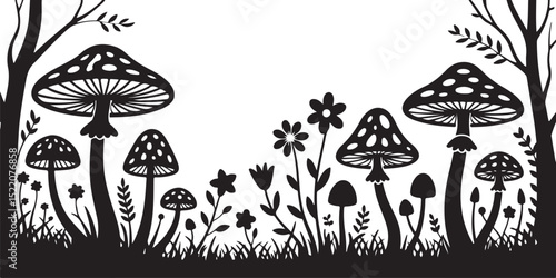 "Whimsical Forest Mushroom Scene in Black Silhouette – Enchanted Woodland Vector Illustration with Toadstools, Flowers, and Trees for Fantasy Art, Nature Decor, and Fairytale Designs"

