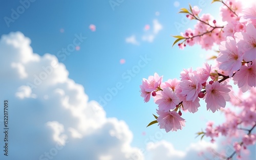Branches blossoming cherry on background blue sky and white clouds in spring on nature outdoors. Pink sakura flowers, amazing colorful dreamy romantic artistic image spring nature, banner format.