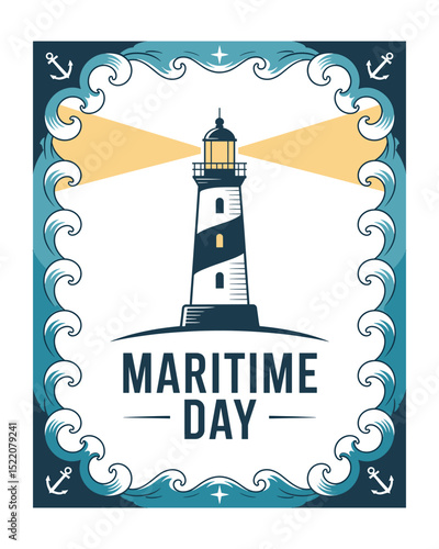 Maritime day lighthouse illustration with ocean waves
