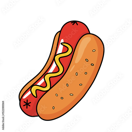 illustration of a classic hot dog with mustard in a bun. A colorful and fun food icon perfect for menus, fast food designs, or snack-related content