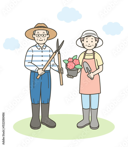 ガーデニングを楽しむ高齢者夫婦の全身イラスト
