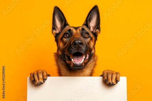 Studio critter on white. Cute ad board setup. Isolated canine on a solid attire bright orange background. Ð¡ute dog belgian malinois hold in front paws a wireframe - large white drive sign.
