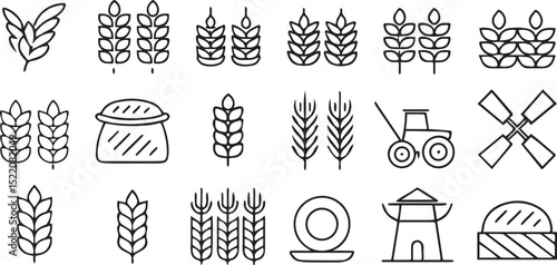 Wheat and Grain Icons in Solid Black Grid Format