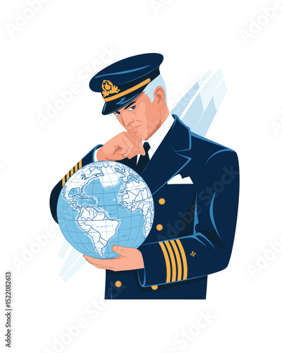 Pilot holding globe contemplative world travel air captain