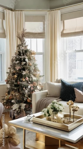 Cozy living room showcases a decorated Christmas tree with presents next to white sofa and natural light streaming through windows