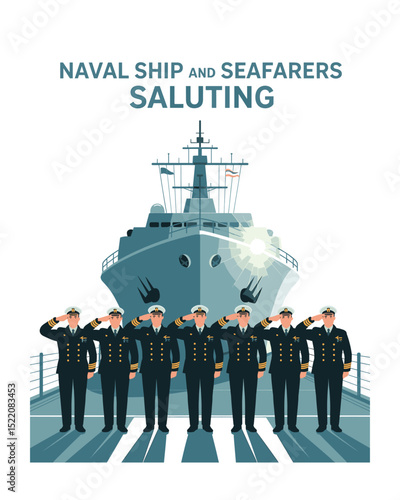 Naval officers saluting warship flat illustration
