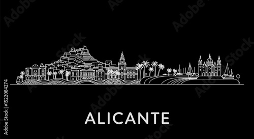 Alicante Skyline Minimalist Outline Black Background.