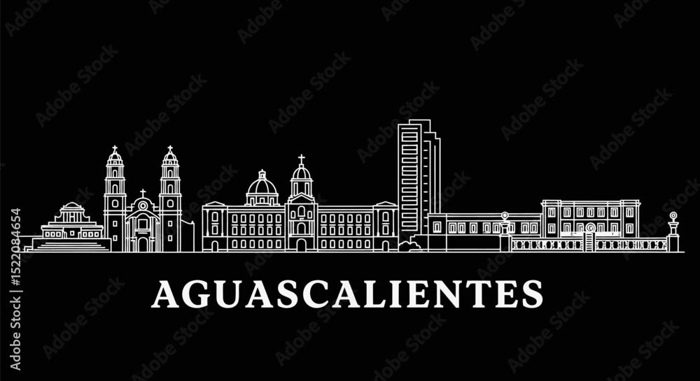 Fototapeta premium Aguascalientes Skyline with Mexico, and White Line Art.
