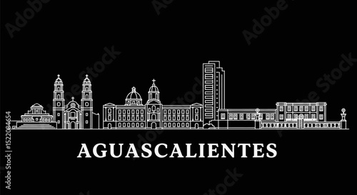 Aguascalientes Skyline with Mexico, and White Line Art.