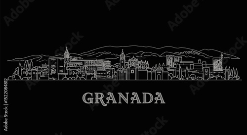 Granada Skyline with Spain White Line Art.
