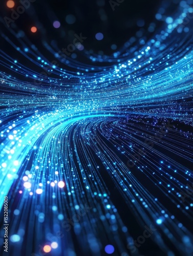 Abstract Blue Fiber Optic Streams with Glowing Particles