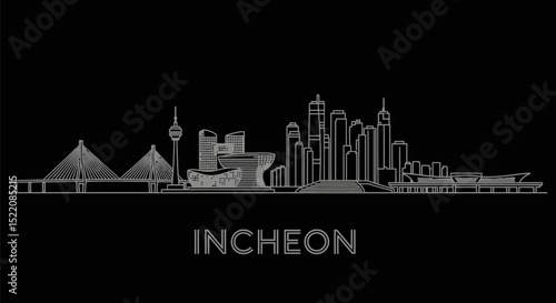 Incheon with South Korea Skyline Vector on Black.
