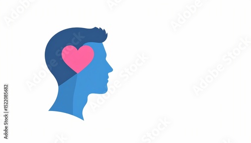 A symbolic representation of love in mind. A silhouette profile of a person with a heart shape inside. Minimalist mental health icon on the left featuring a human head with a heart inside.
