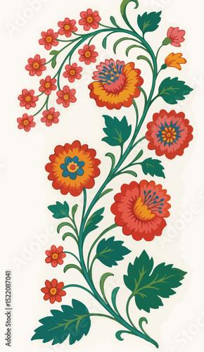 A graceful floral vine with radiant blossoms in warm reds, oranges, and pinks, delicately arching over lush green leaves and stems.