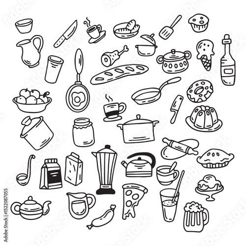Hand drawn doodle set of kitchen items. Vector illustration.