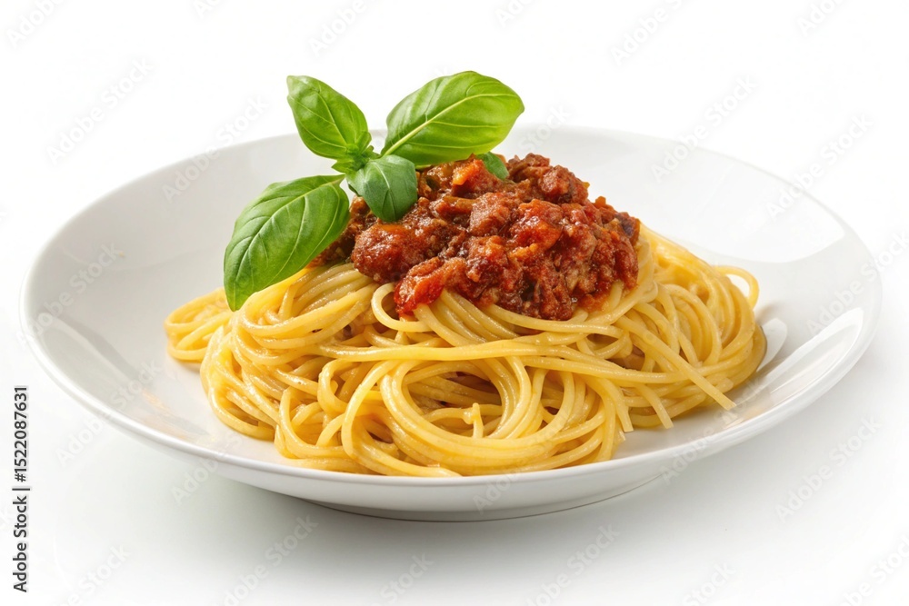 Delicious spaghetti bolognese with basil garnish isolated on white background Delicious spaghetti bolognese with basil garnish isolated on white background