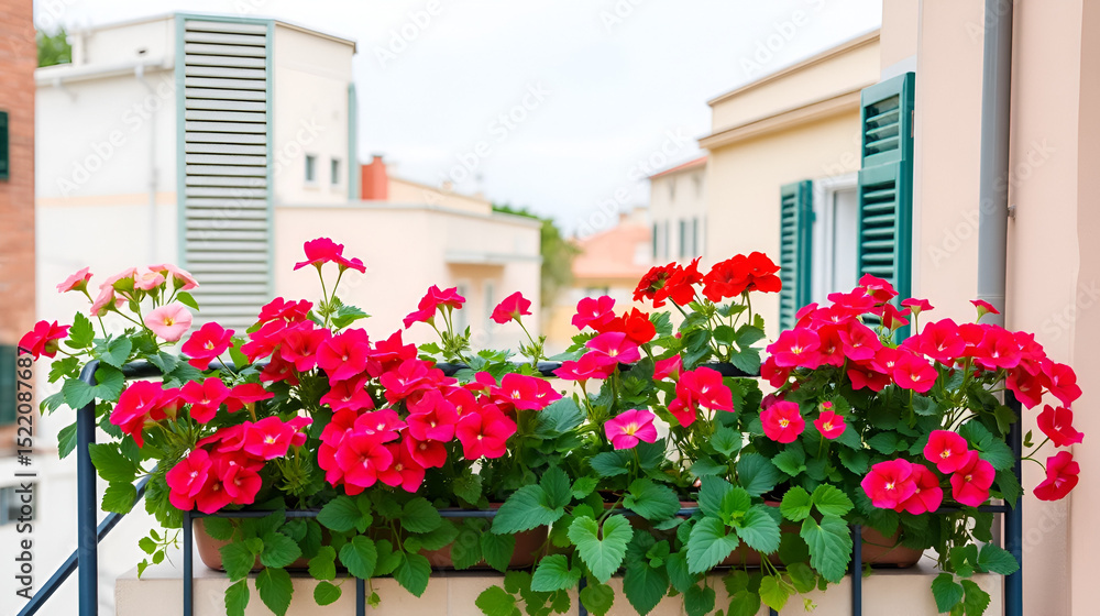 Naklejka premium Balcony garden with geraniums in Italy. Bari in Apulia region.