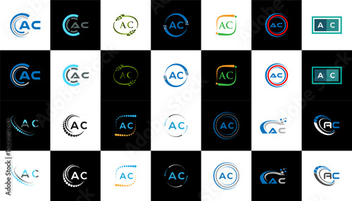 AC minimalist and classic logo set design. AC flat and simple style with black and white color variation letter logo set in one artboard.