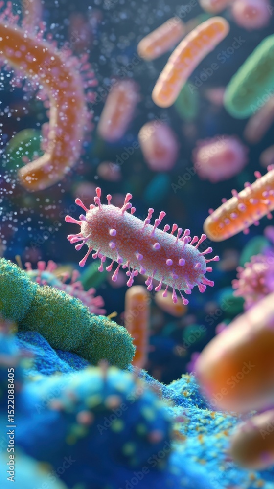 Fototapeta premium Microscopic View of Bacteria and Viruses Interacting with Cellular Structures