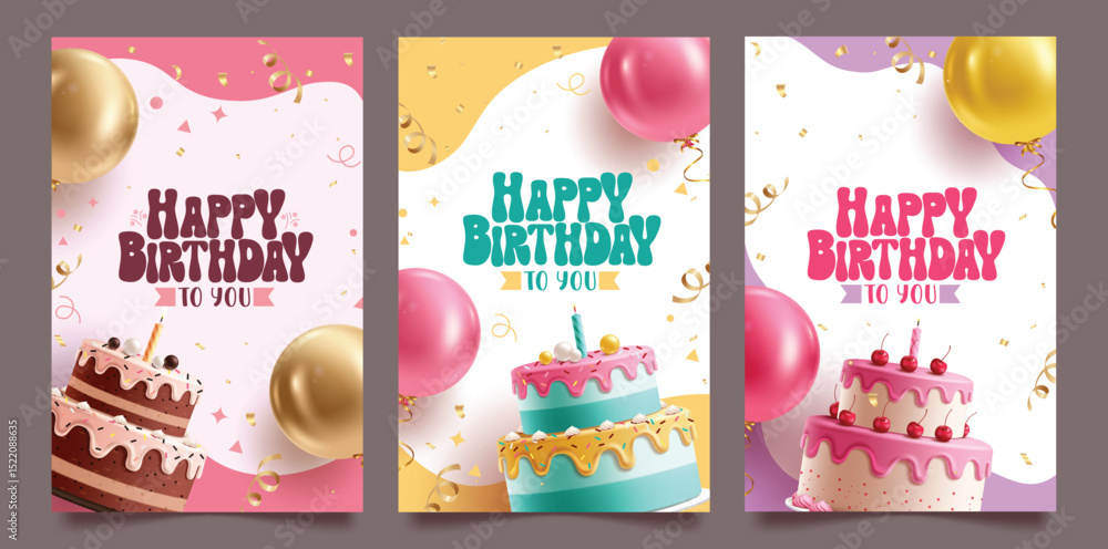 Naklejka premium Happy birthday invitation card clipart set poster. Birthday greeting text and wishes clip art with cake and colorful balloons decoration elements collection in abstract background vector illustration.