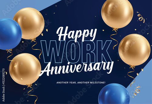 Happy work anniversary clipart design. Company office celebration greeting text clip art with blue and gold balloons floating for another years success background vector illustration. 
