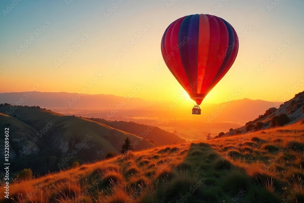 Fototapeta premium A vibrant hot air balloon takes flight at sunrise, casting a long shadow on the tranquil landscape below Perfect for travel, adventure, and freedom concepts , peaceful, dream