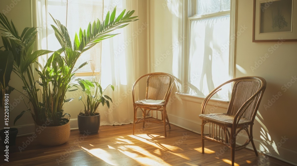 A sunny room features plants and woven chairs near a window A sunny room features plants and woven chairs near a window