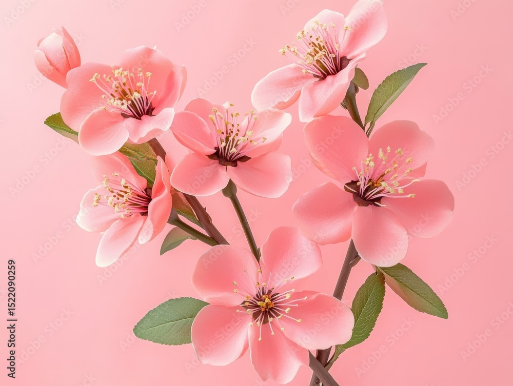 Naklejka premium Delicate Pink Blossoms with Green Leaves Against a Soft Pink Background
