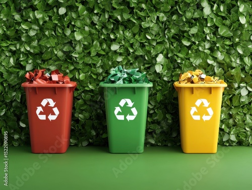 Three colorful recycling bins filled with waste against a green leafy background