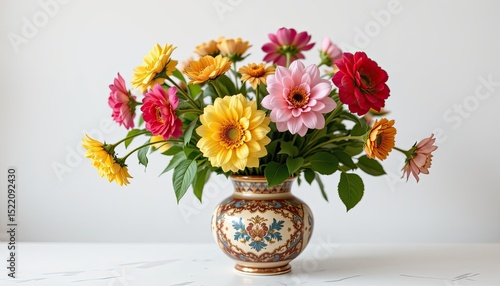 Wallpaper Mural "fresh flowers in a vintage patterned vase, centered on a minimalist table, clean white backdrop, 4k clarity." Torontodigital.ca