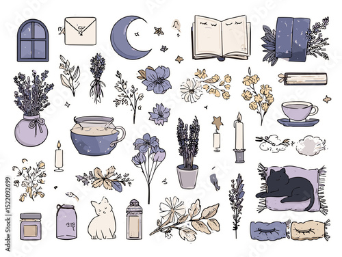 Magical Bookish Sticker Set – Aesthetic Watercolor Clipart with Moon, Cats, Books, and Tea