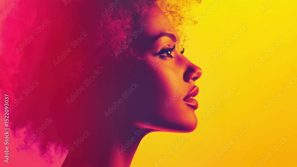 Bold portrait of artistic woman with red afro hair and colorful lighting Bold portrait of artistic woman with red afro hair and colorful lighting