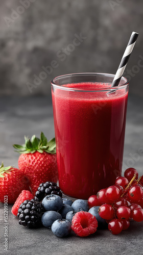 Fresh berry juice with strawberry, blueberry, raspberry, blackberry, and currant, healthy drink