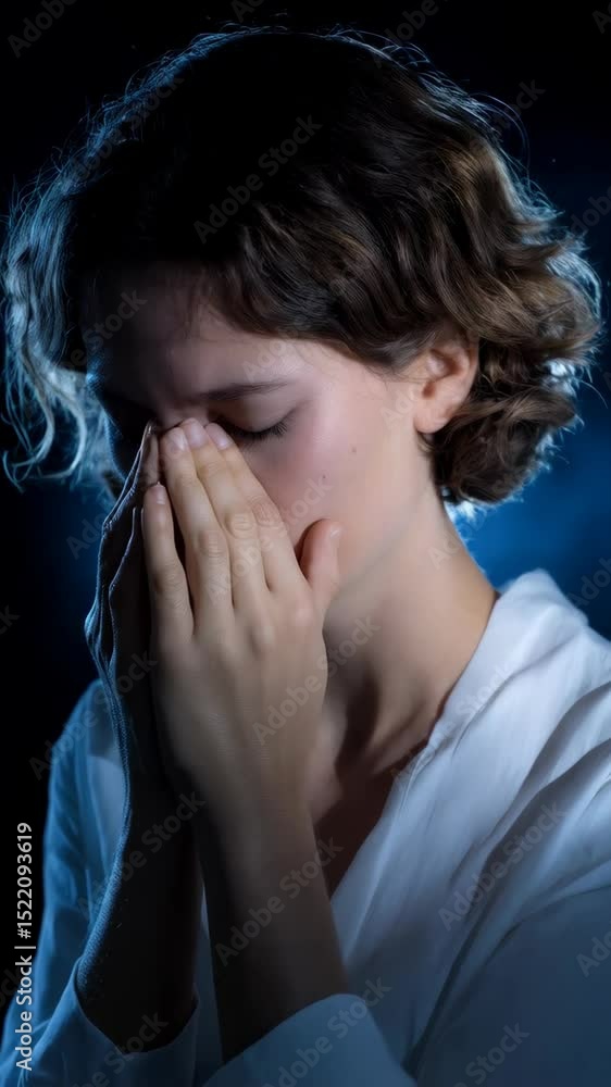 custom made wallpaper toronto digitalWoman with eyes closed touching face in despair against dark blue background in a white shirt with short hair.
