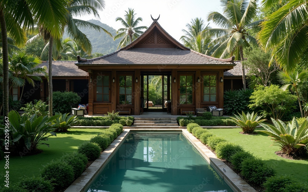 custom made wallpaper toronto digitalLush tropical garden with traditional Asian architecture. High quality