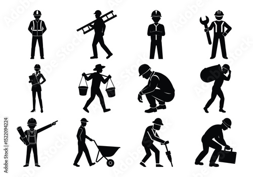 Construction Worker Silhouette Icons set, Helmets, Tools, and On-Site Activity


