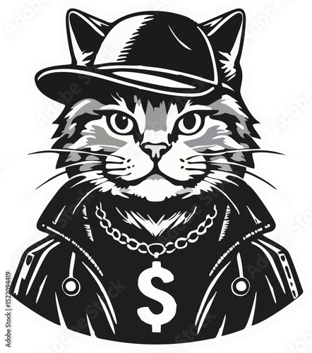 Cool Street Cat – Vector Style with Hat, Jacket, and Dollar Chain