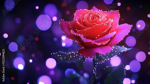 A close up of a red rose with sparkling edges against a dark purple bokeh filled background view