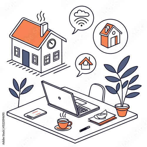 Home office setup with laptop cup of coffee and decorative plant in isometric perspective