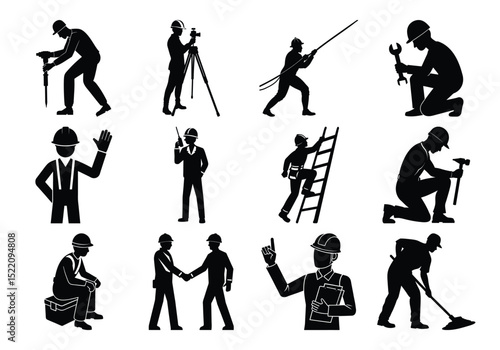 Construction Worker Silhouettes Set, Engineers, Laborers, Technicians in Safety Helmets Doing Various Site Activities

