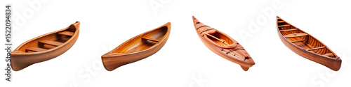 A collection of miniature wooden kayaks isolated on a transparent background