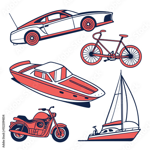 Transportation collection featuring car bike motorcycle sailboat and motorboat hand drawn illustrations