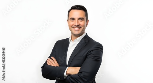Professional headshot of smiling businessman in suit on white background for corporate website profile