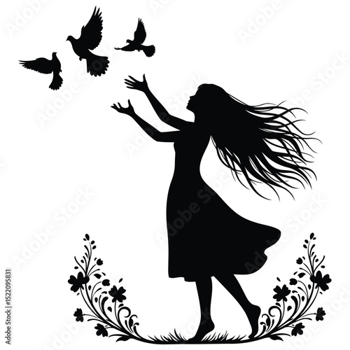 Silhouette of a woman releasing doves symbolic of freedom peace and hope in a floral setting