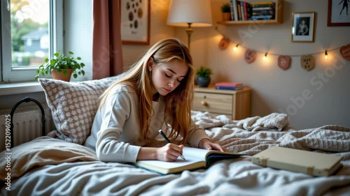 A young woman is studying or journaling on her bed in a cozy, warmly lit bedroom with soft decor.