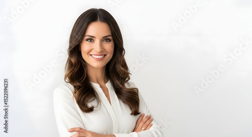 Portrait of smiling woman in white shirt with arms crossed on white background professional headshot